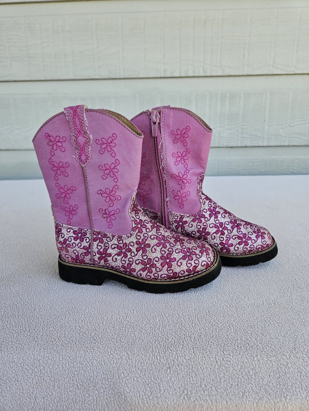 Roper Glitter Western Cowgirl Boots SZ 7 Pink Floral Sparkle Square Toe Rodeo